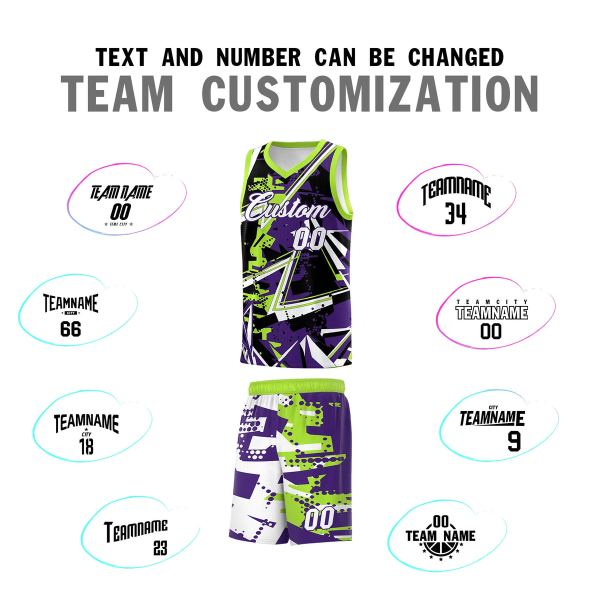 Custom Youth Basketball Jerseys Purple Neon Green Abstract Graffiti Personalized Team Name &amp; Number