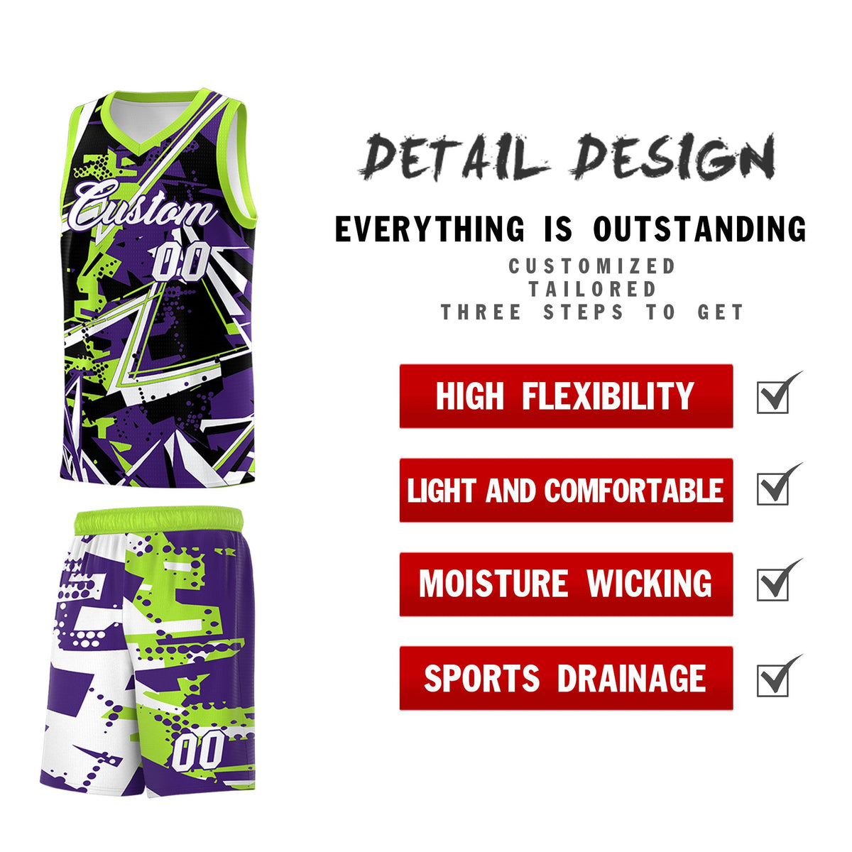 Custom Youth Basketball Jerseys Purple Neon Green Abstract Graffiti Personalized Team Name &amp; Number