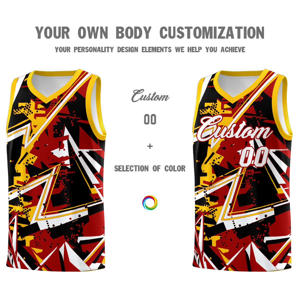 Custom Youth Basketball Jerseys Red Yellow Abstract Graffiti Personalized Street Style Uniform