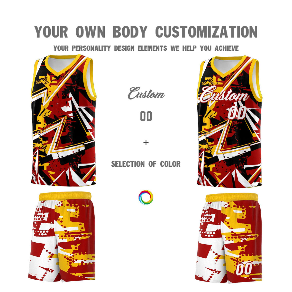 Custom Youth Basketball Jerseys Red Yellow Abstract Graffiti Personalized Street Style Uniform