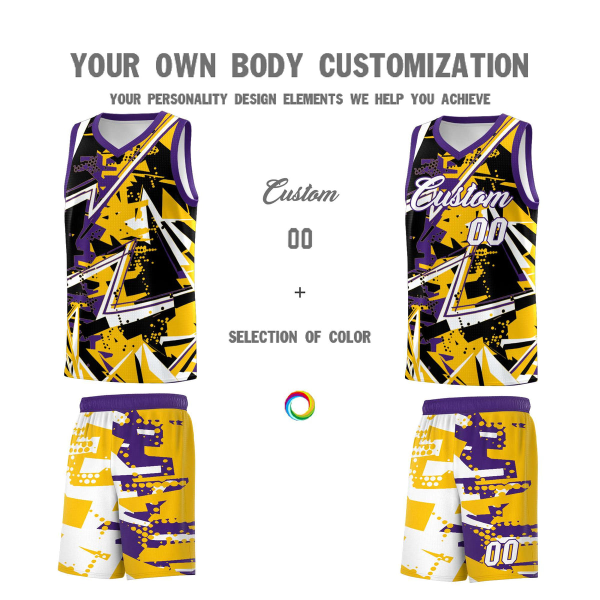 Custom Youth Basketball Jerseys Yellow Purple Abstract Graffiti Personalized Team Name &amp; Number