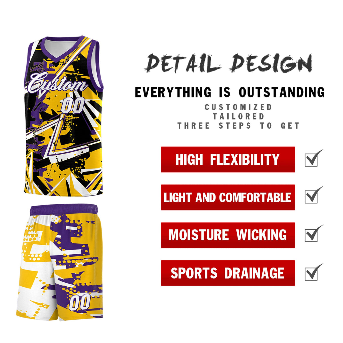 Custom Youth Basketball Jerseys Yellow Purple Abstract Graffiti Personalized Team Name &amp; Number