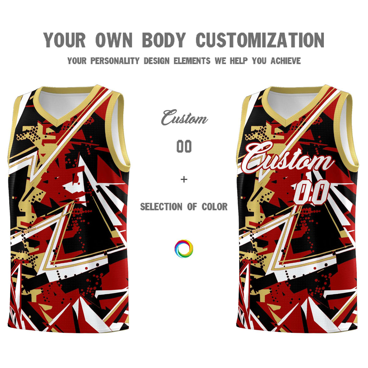 Custom Youth Basketball Jerseys Red Old Gold Abstract Graffiti Personalized Team Name &amp; Number