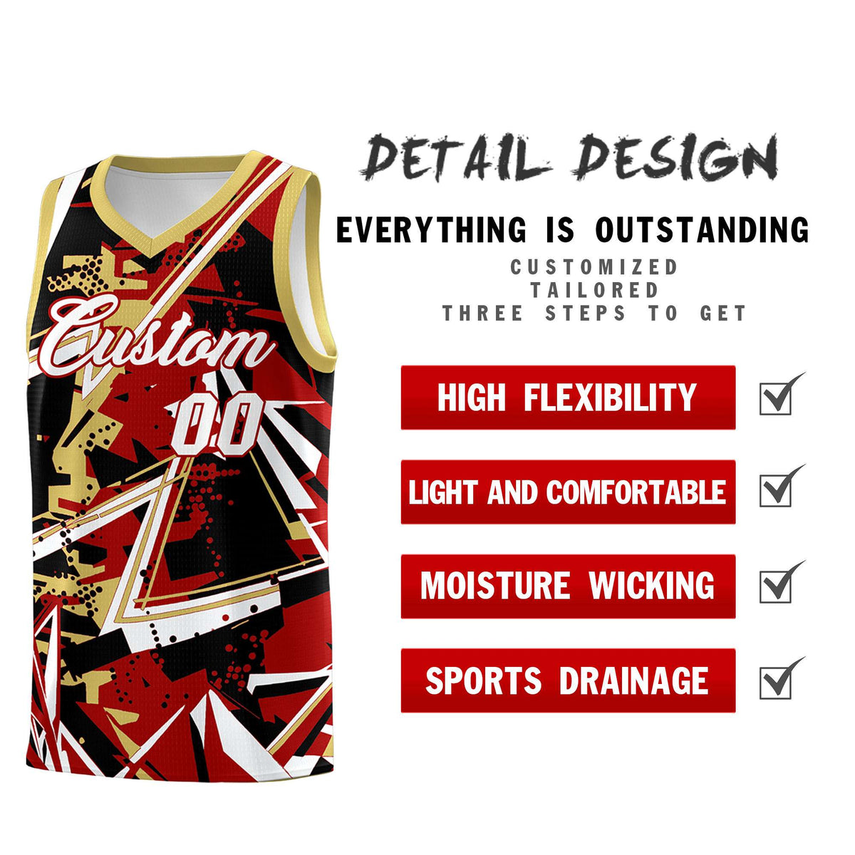 Custom Youth Basketball Jerseys Red Old Gold Abstract Graffiti Personalized Team Name &amp; Number