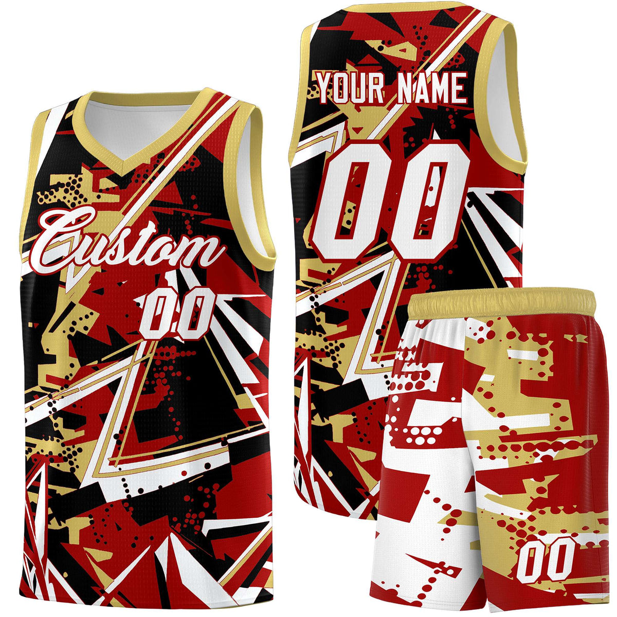 Custom Youth Basketball Jerseys Red Old Gold Abstract Graffiti Personalized Team Name &amp; Number