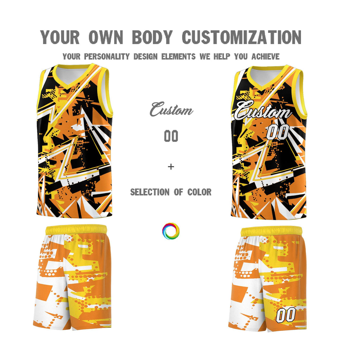 Custom Youth Basketball Jerseys Orange Gold Abstract Graffiti Personalized Street Style Uniform