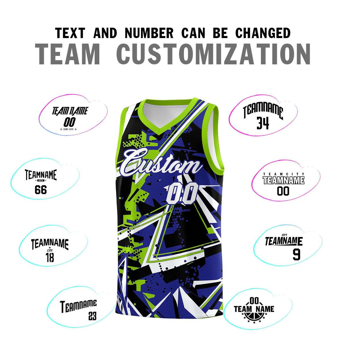 Custom Youth Basketball Jerseys Royal Neon Green Abstract Graffiti Urban Style Personalized Uniform