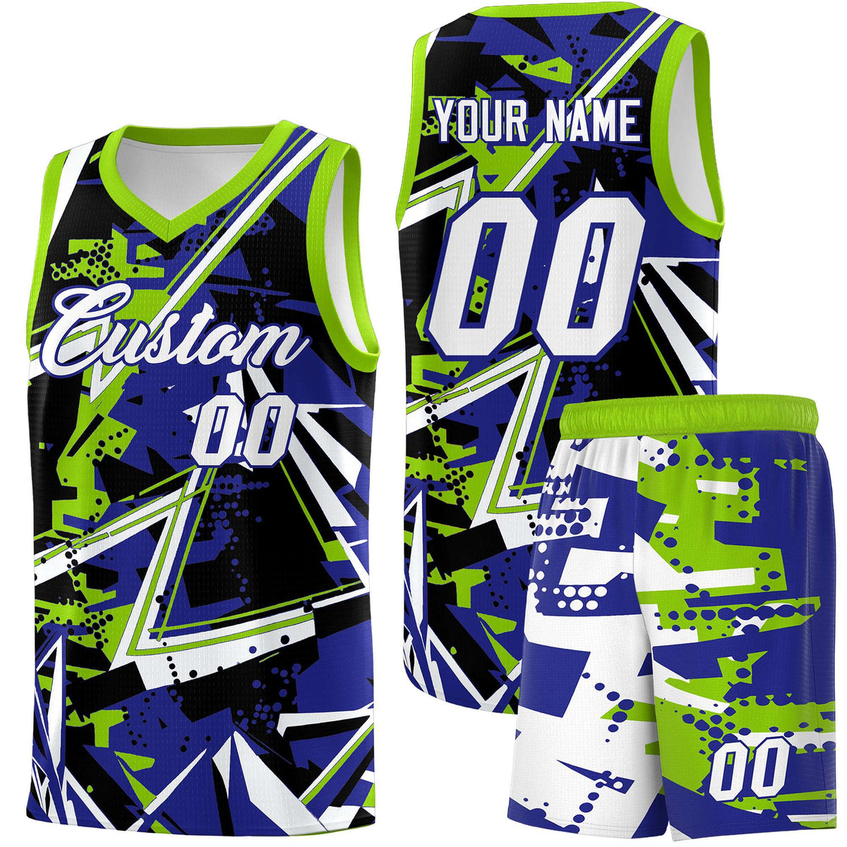 Custom Youth Basketball Jerseys Royal Neon Green Abstract Graffiti Urban Style Personalized Uniform