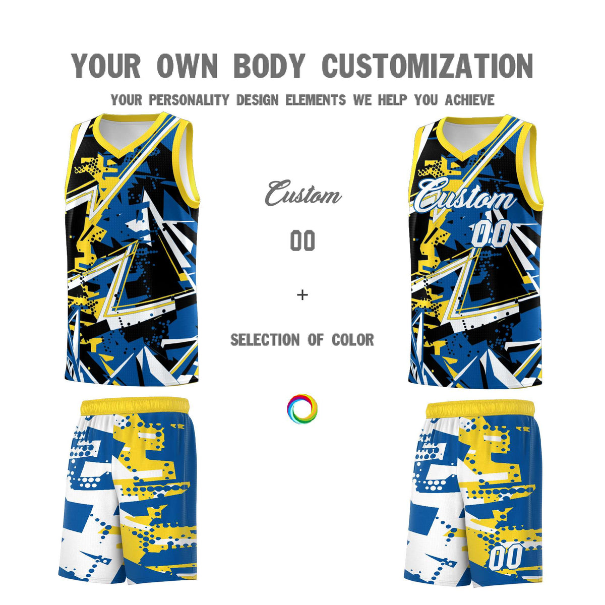 Custom Youth Basketball Jerseys Royal Gold Abstract Graffiti Personalized Team Name &amp; Number