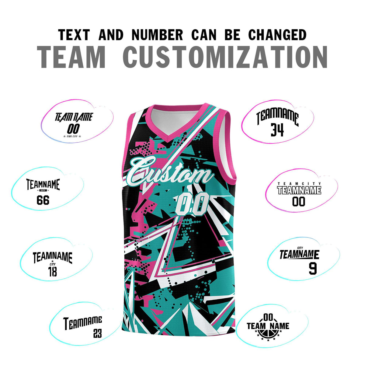 Custom Youth Basketball Jerseys Aqua Rose Red Abstract Graffiti Urban Style Personalized Uniform