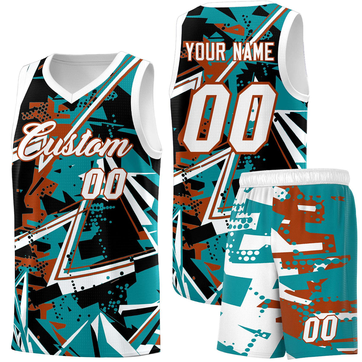 Custom Youth Basketball Jerseys Teal Dark Orange Abstract Graffiti Personalized Street Style Uniform