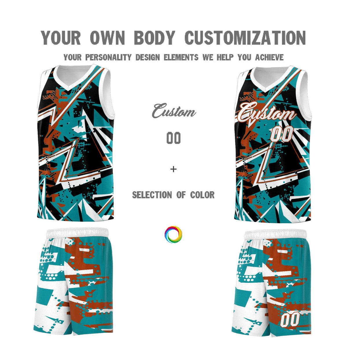 Custom Youth Basketball Jerseys Teal Dark Orange Abstract Graffiti Personalized Street Style Uniform