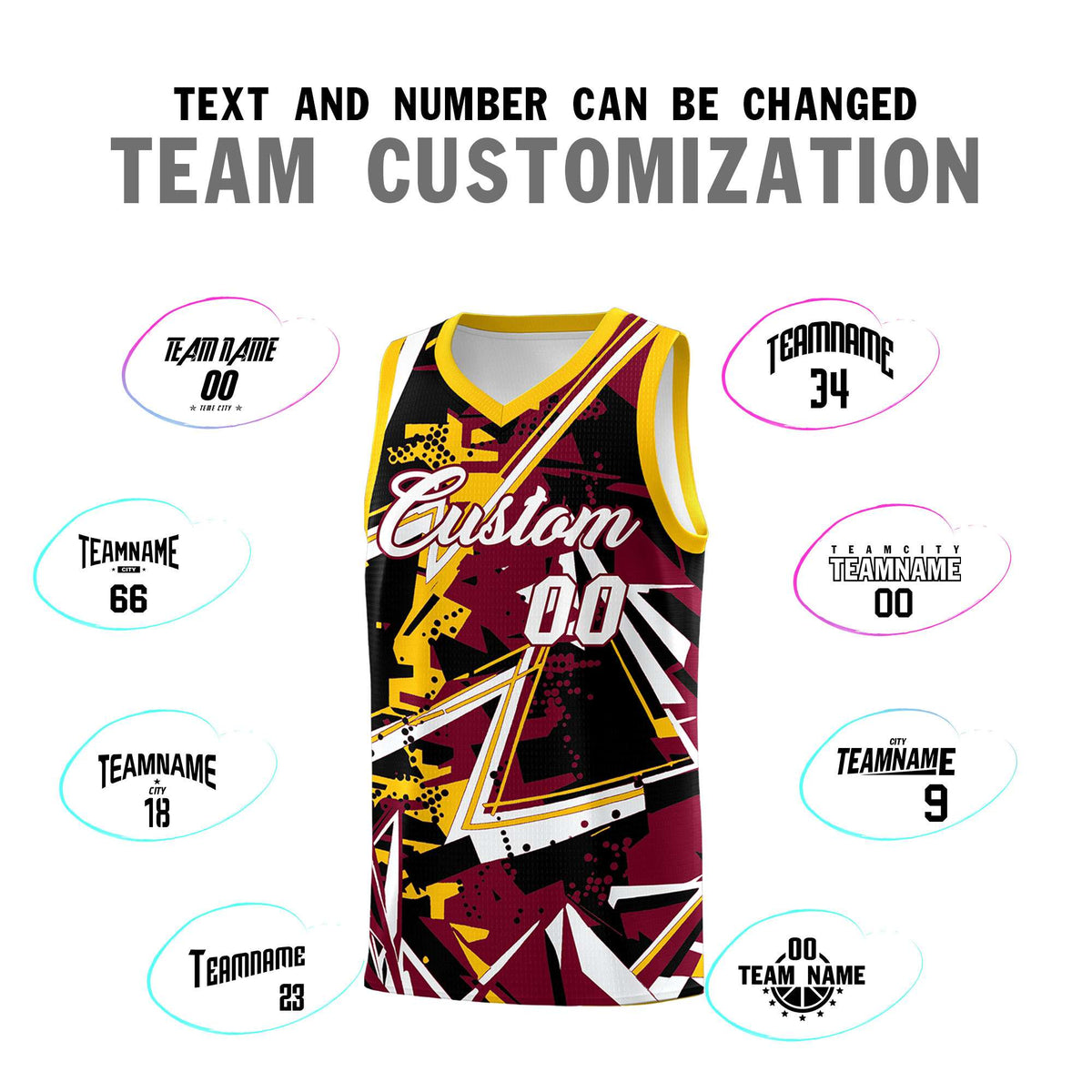 Custom Youth Basketball Jerseys Crimson Yellow Abstract Graffiti Urban Style Personalized Uniform
