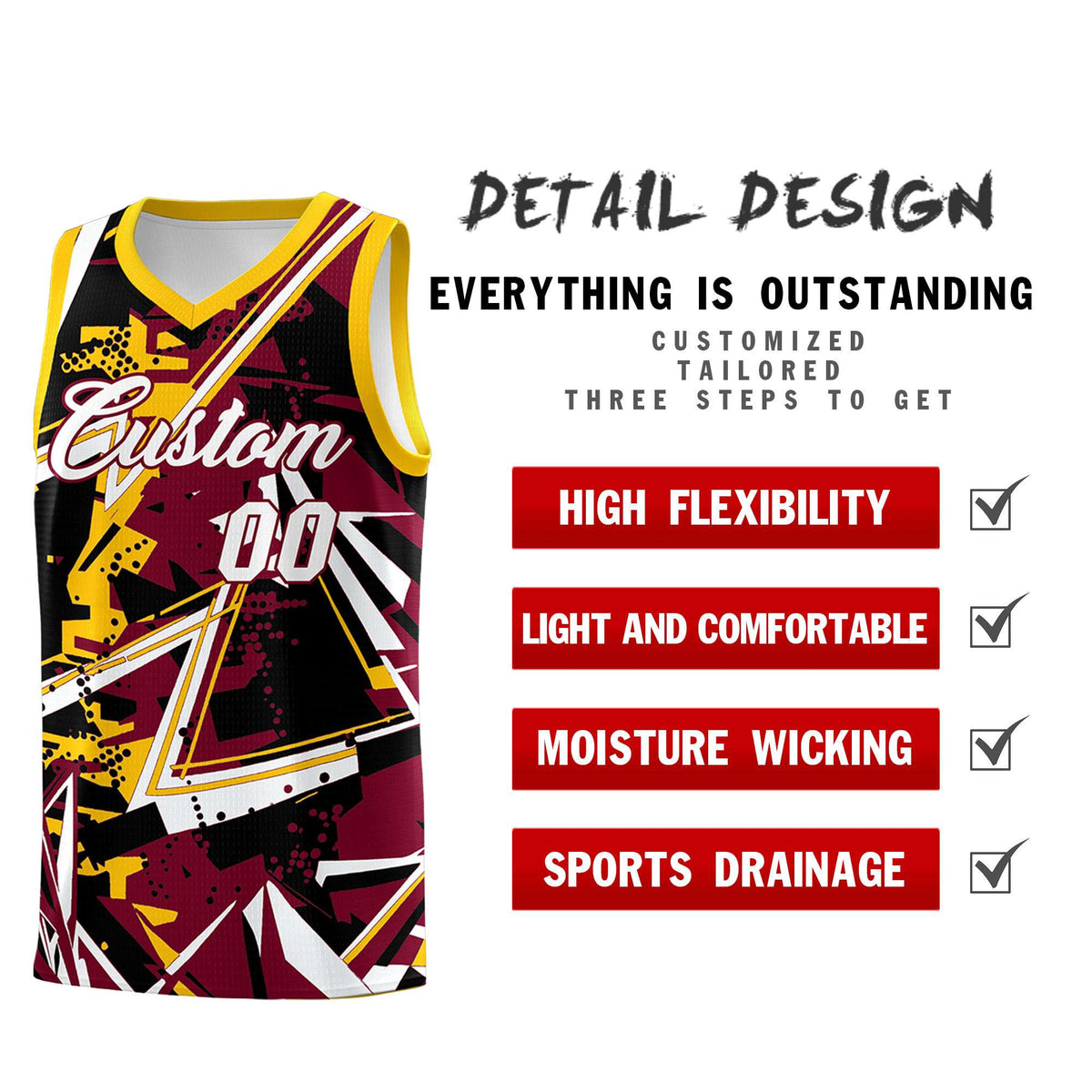 Custom Youth Basketball Jerseys Crimson Yellow Abstract Graffiti Urban Style Personalized Uniform