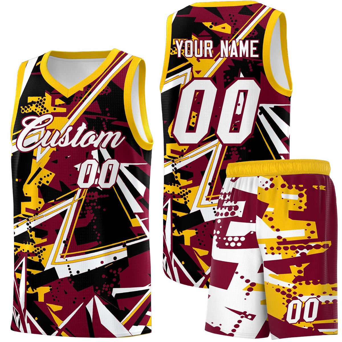 Custom Youth Basketball Jerseys Crimson Yellow Abstract Graffiti Urban Style Personalized Uniform