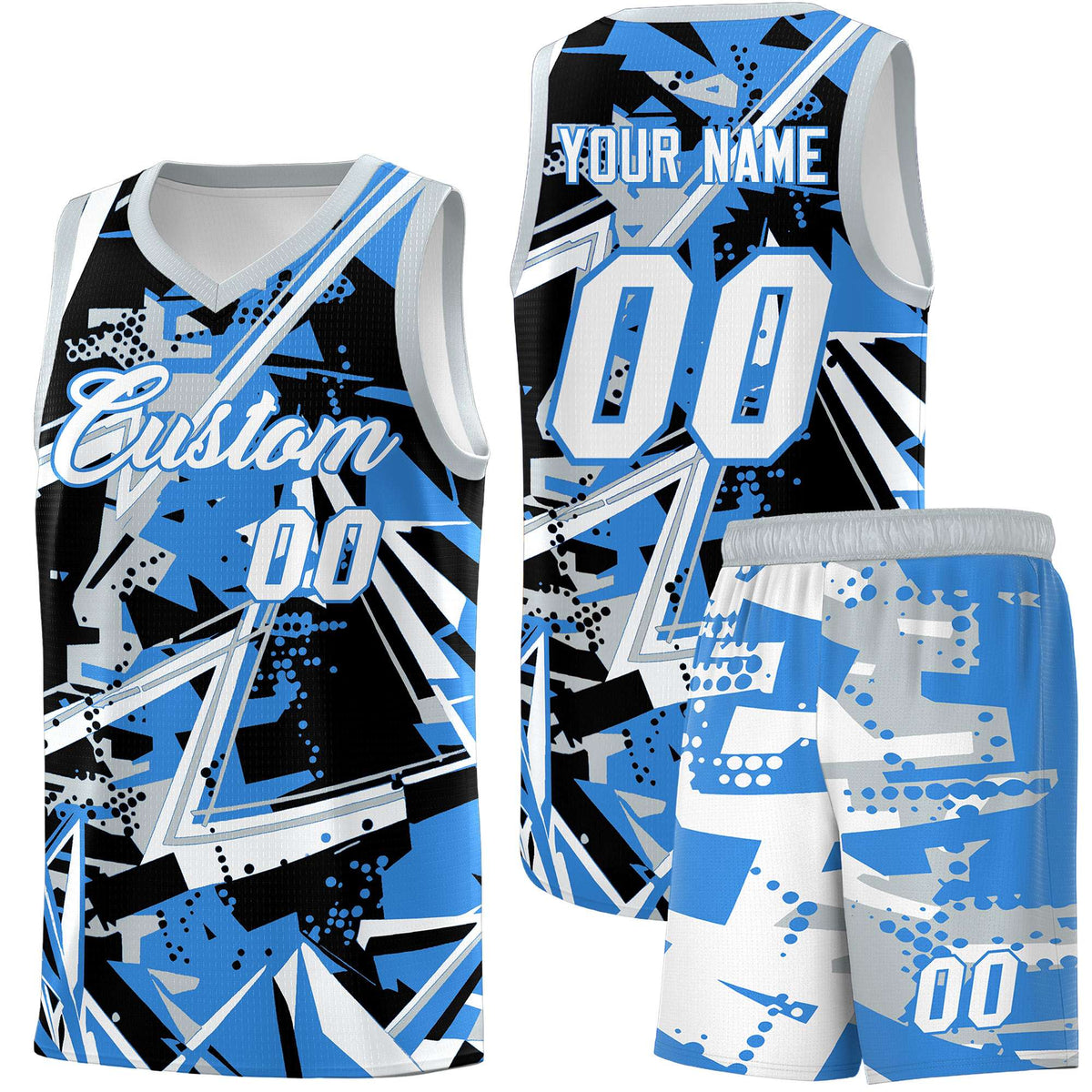 Custom Youth Basketball Jerseys Light Blue Silver Abstract Graffiti Personalized Team Name &amp; Number