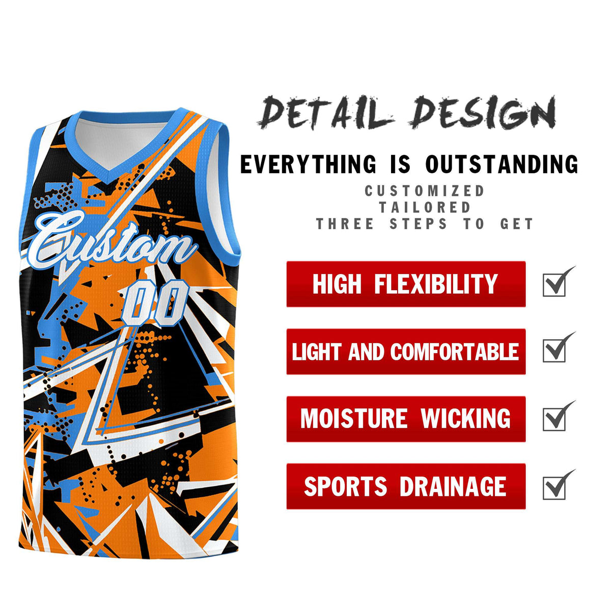 Custom Youth Basketball Jerseys Orange Light Blue Abstract Graffiti Personalized Street Style Uniform