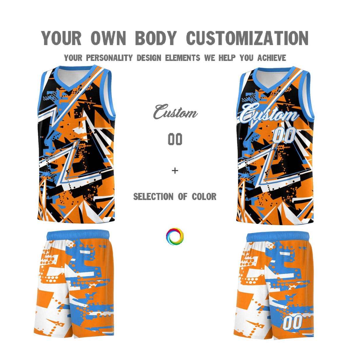 Custom Youth Basketball Jerseys Orange Light Blue Abstract Graffiti Personalized Street Style Uniform