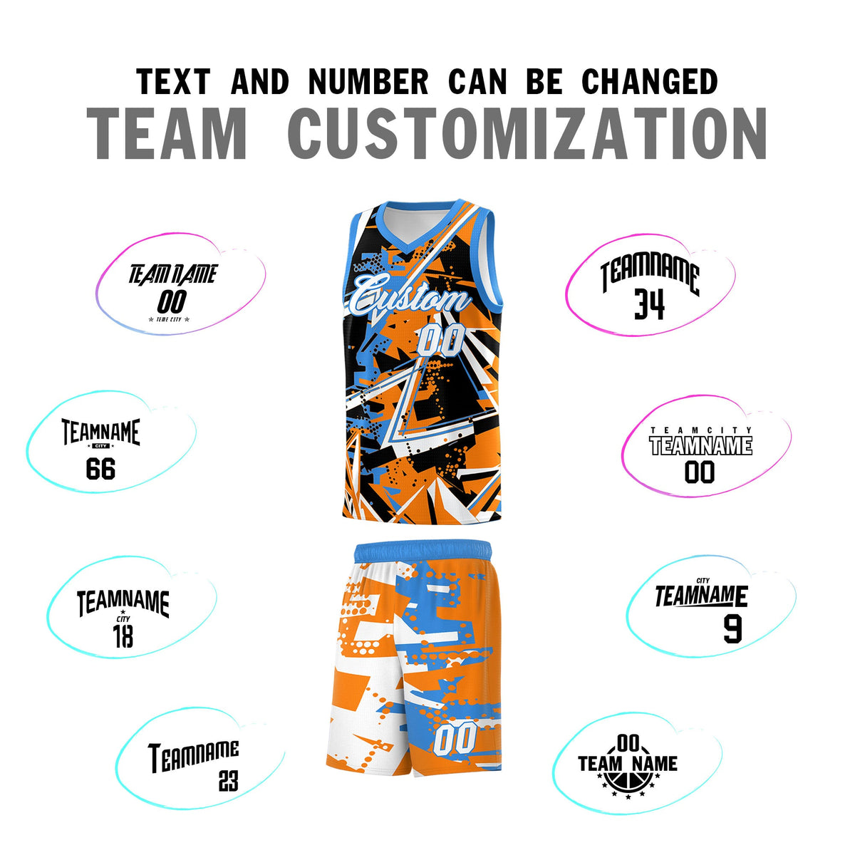 Custom Youth Basketball Jerseys Orange Light Blue Abstract Graffiti Personalized Street Style Uniform