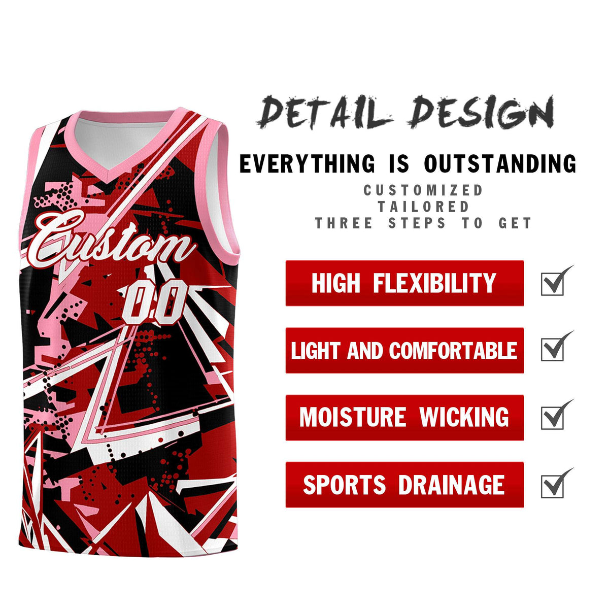 Custom Youth Basketball Jerseys Red Light Pink Abstract Graffiti Personalized Street Style Uniform
