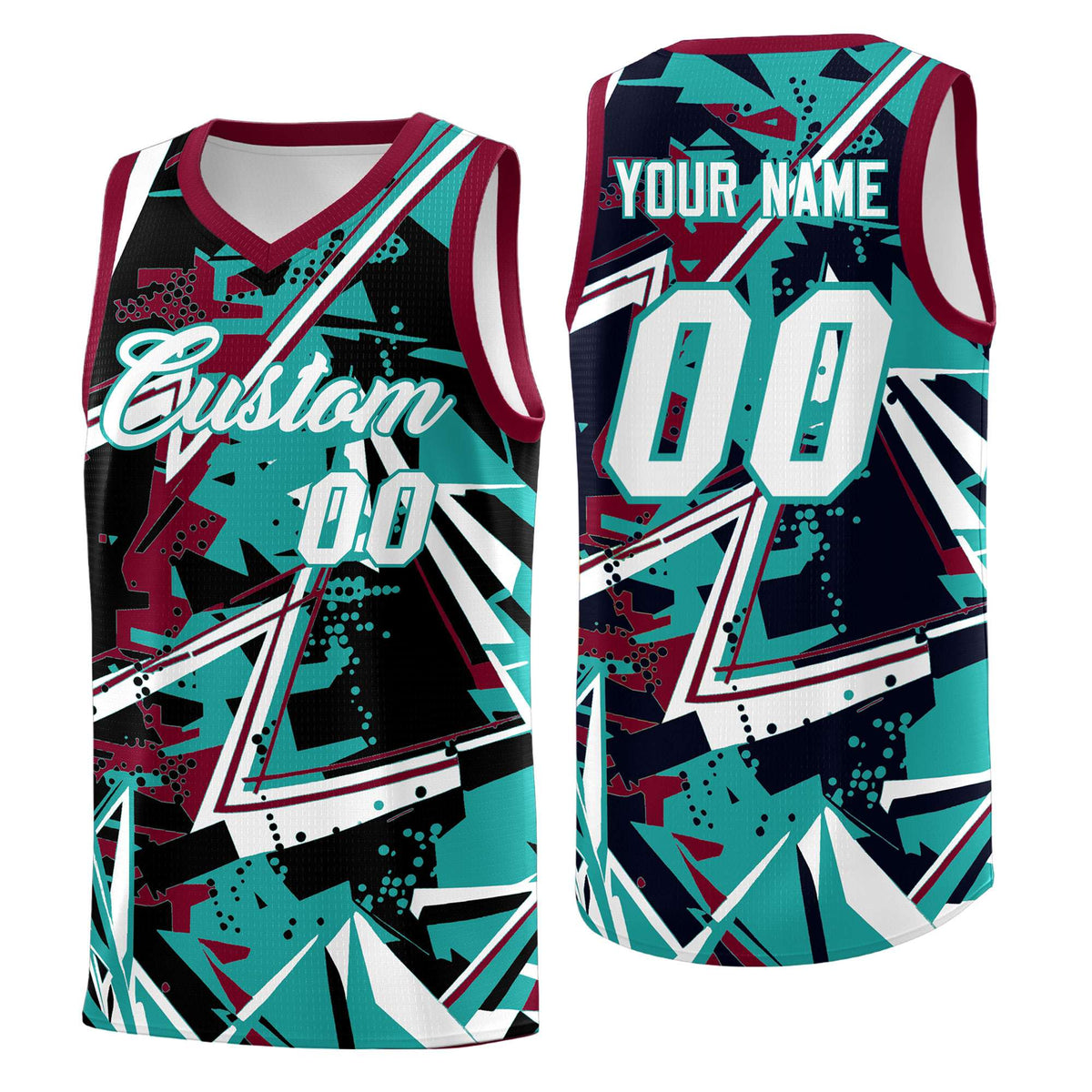 Custom Youth Basketball Jerseys Teal Crimson Abstract Graffiti Personalized Team Name &amp; Number