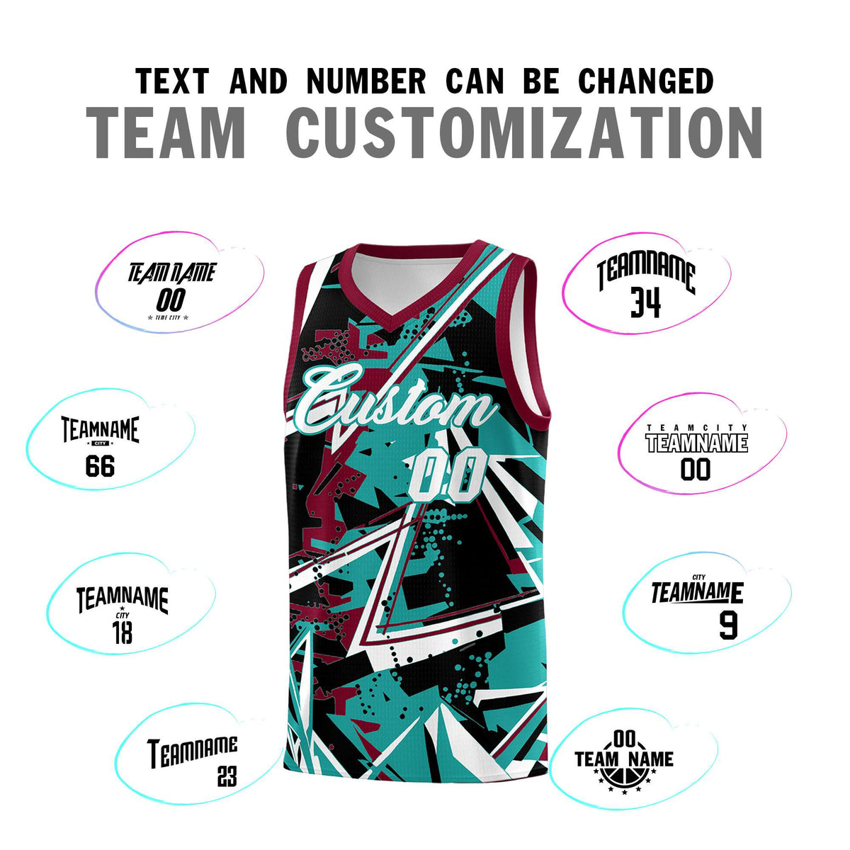 Custom Youth Basketball Jerseys Teal Crimson Abstract Graffiti Personalized Team Name &amp; Number