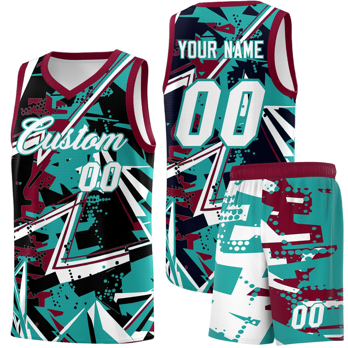 Custom Youth Basketball Jerseys Teal Crimson Abstract Graffiti Personalized Team Name &amp; Number