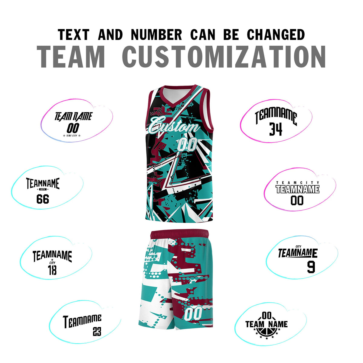 Custom Youth Basketball Jerseys Teal Crimson Abstract Graffiti Personalized Team Name &amp; Number