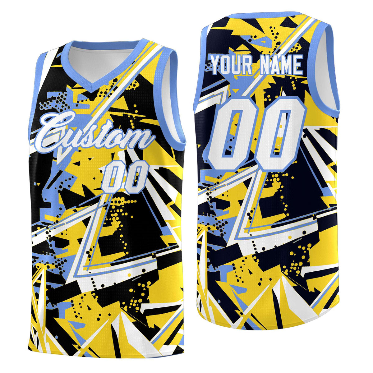 Custom Youth Basketball Jerseys Gold Light Blue Abstract Graffiti Urban Style Personalized Uniform