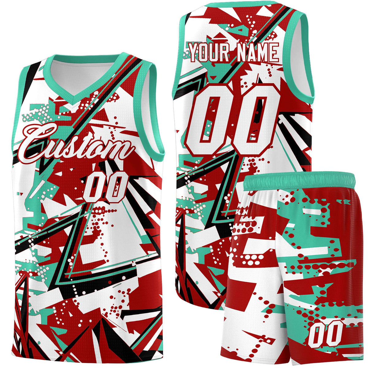 Custom Youth Basketball Jerseys Red Bright Green Abstract Graffiti Personalized Team Name &amp; Number