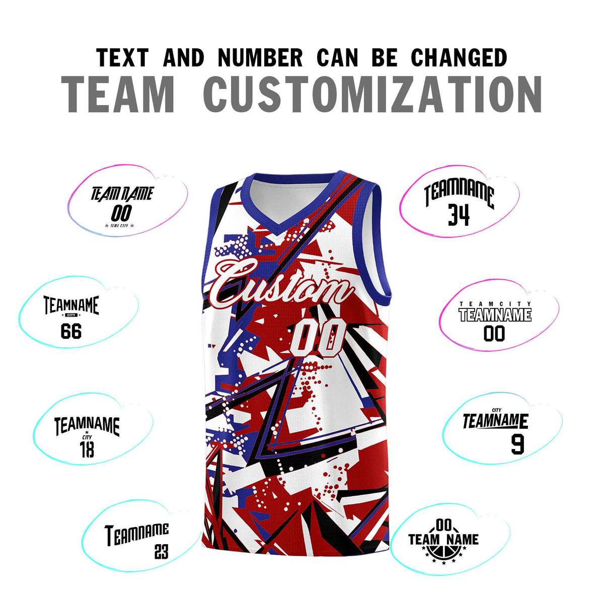 Custom Youth Basketball Jerseys Red Royal Abstract Graffiti Personalized Street Style Uniform