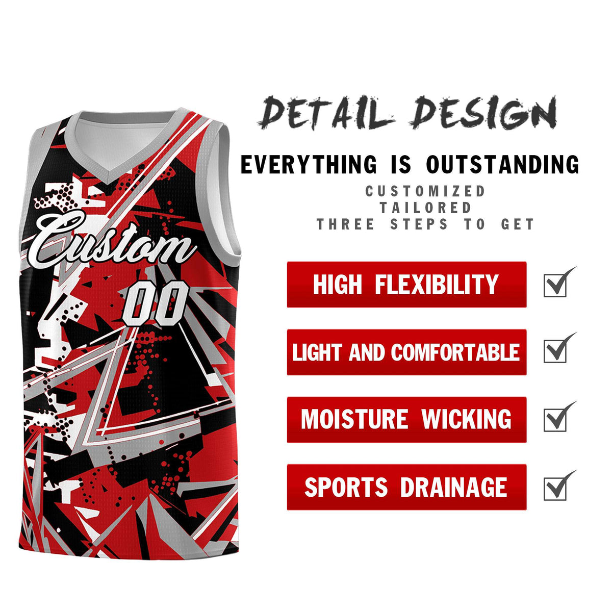 Custom Youth Basketball Jerseys Red Gray Abstract Graffiti Personalized Team Name &amp; Number