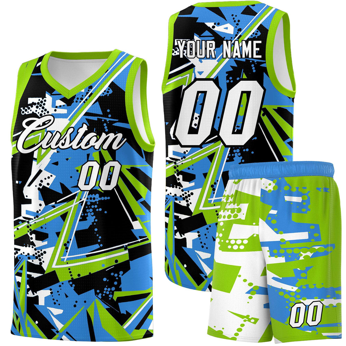 Custom Youth Basketball Jerseys Light Blue Neon Green Abstract Graffiti Personalized Street Style Uniform