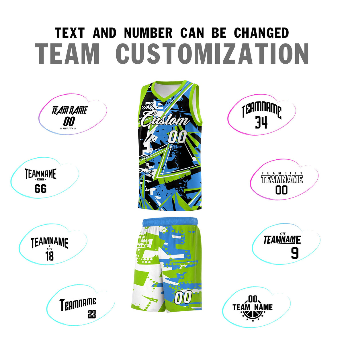 Custom Youth Basketball Jerseys Light Blue Neon Green Abstract Graffiti Personalized Street Style Uniform