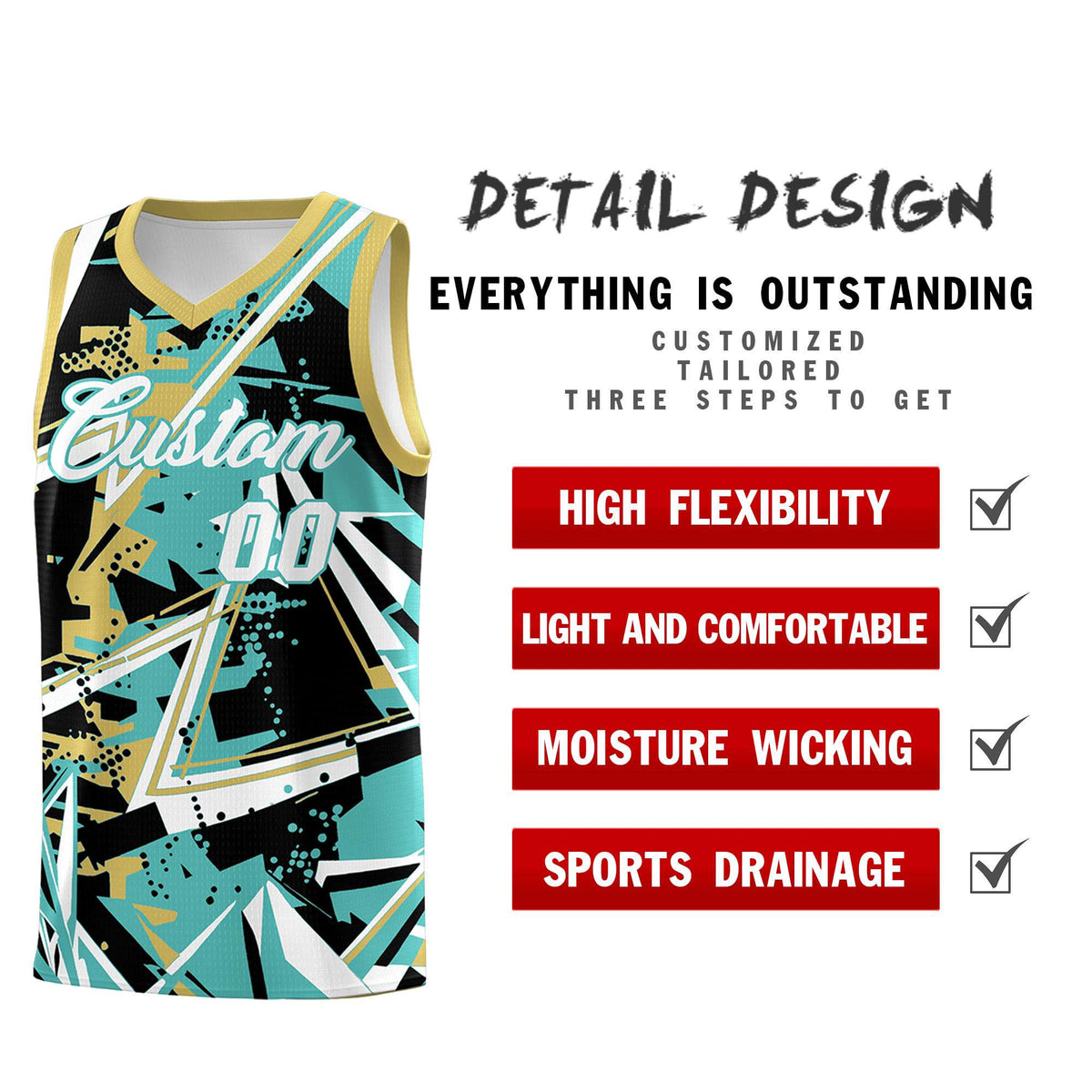 Custom Youth Basketball Jerseys Teal Old Gold Abstract Graffiti Personalized Street Style Uniform