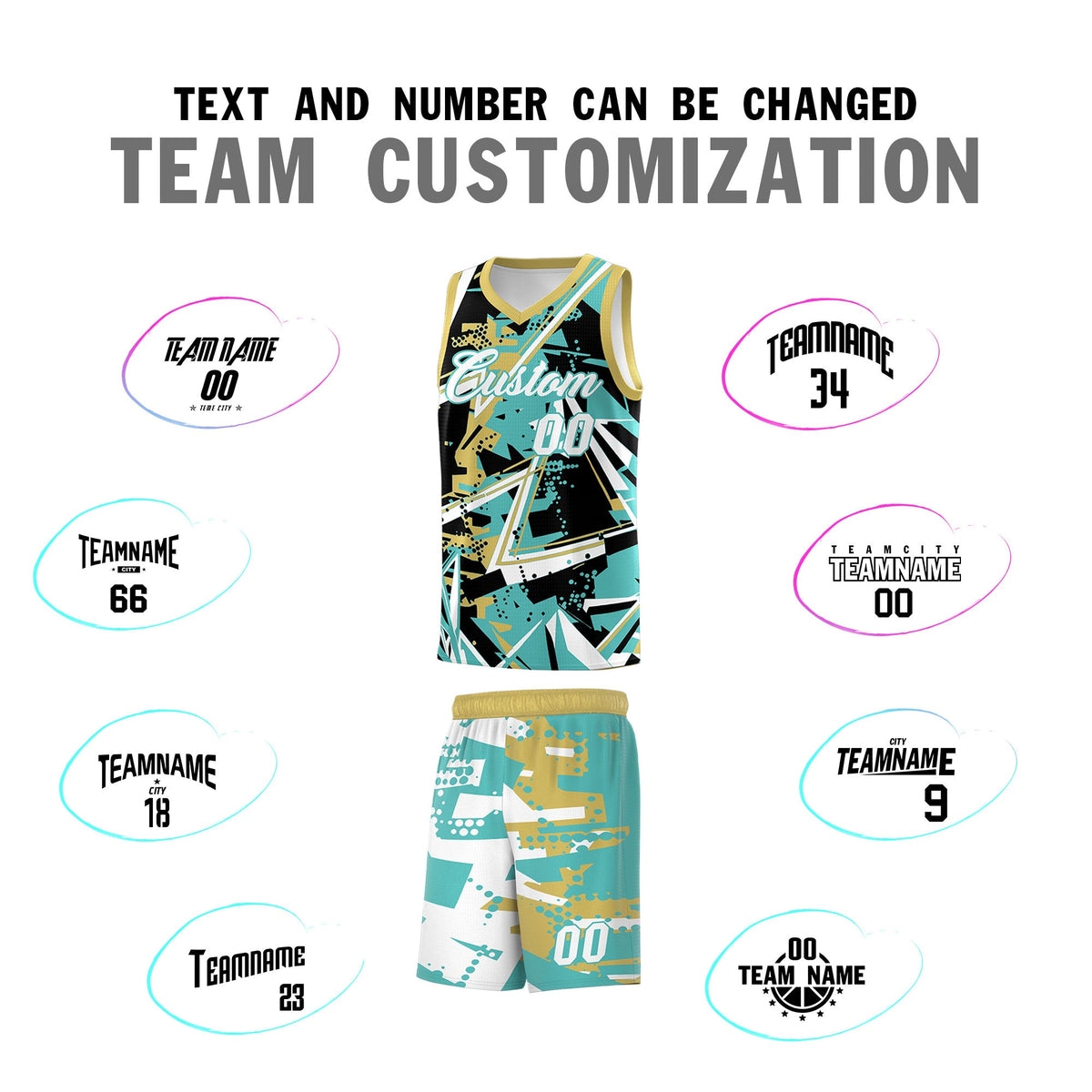 Custom Youth Basketball Jerseys Teal Old Gold Abstract Graffiti Personalized Street Style Uniform
