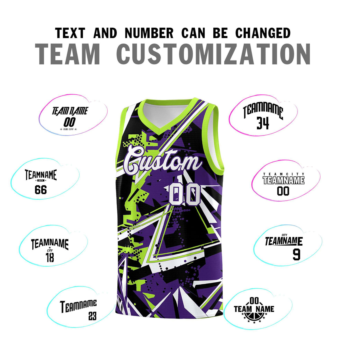Custom Youth Basketball Jerseys Purple Neon Green Abstract Graffiti Personalized Team Name &amp; Number