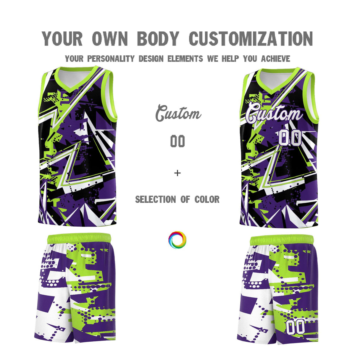 Custom Youth Basketball Jerseys Purple Neon Green Abstract Graffiti Personalized Team Name &amp; Number