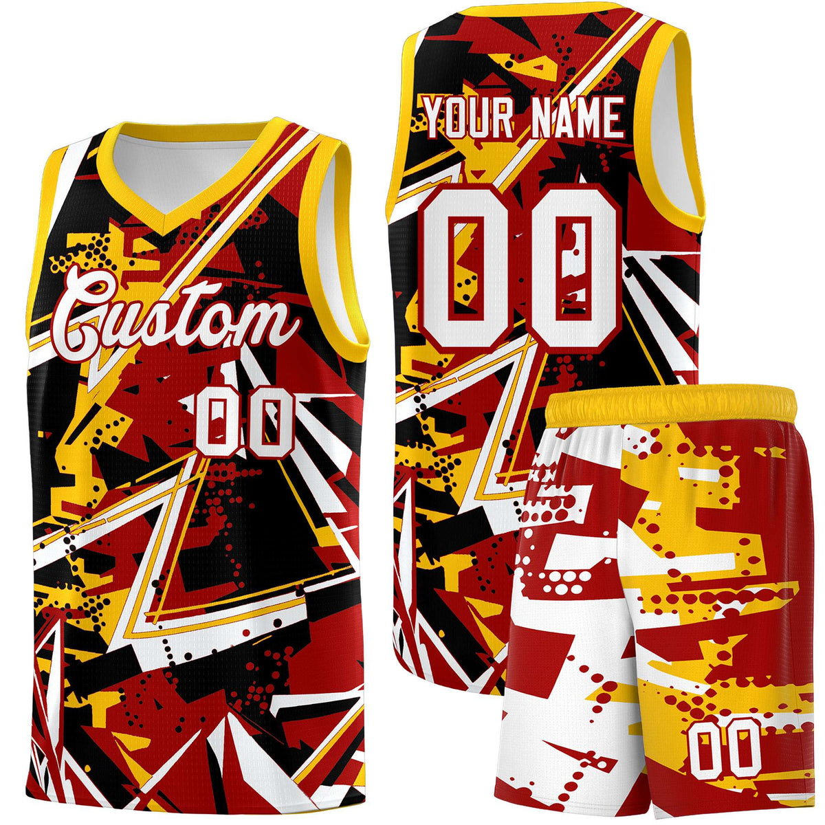 Custom Youth Basketball Jerseys Red Yellow Abstract Graffiti Personalized Street Style Uniform