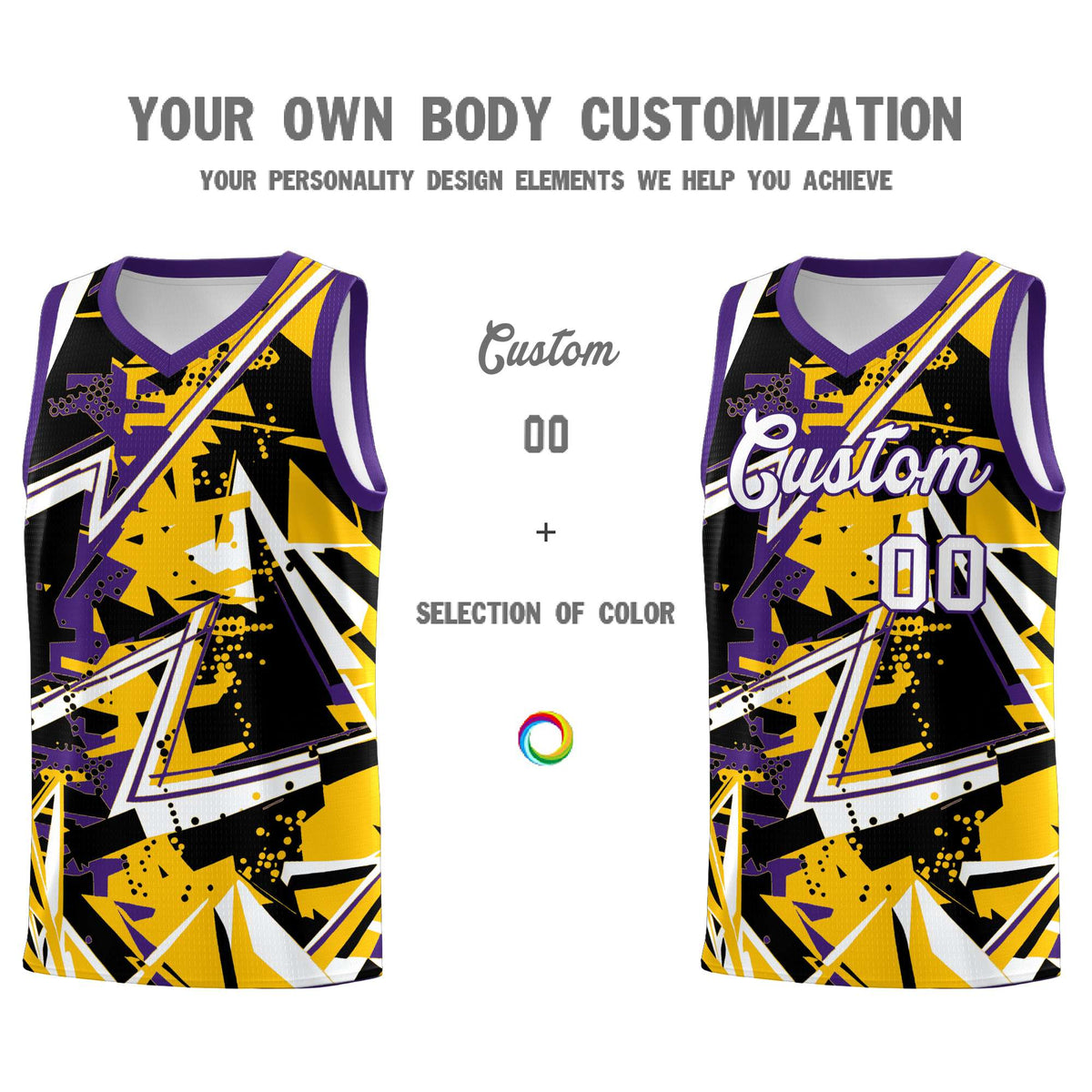 Custom Youth Basketball Jerseys Yellow Purple Abstract Graffiti Personalized Team Name &amp; Number