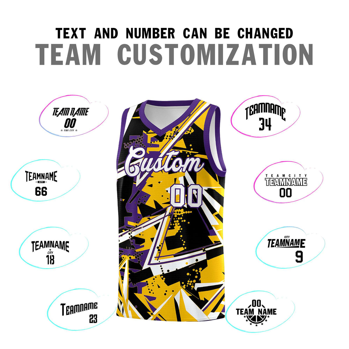 Custom Youth Basketball Jerseys Yellow Purple Abstract Graffiti Personalized Team Name &amp; Number