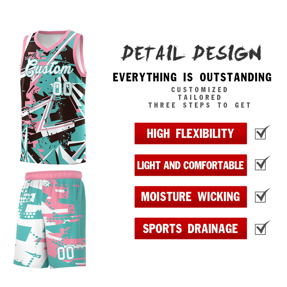 Custom Youth Basketball Jerseys Teal Pink Abstract Graffiti Urban Style Personalized Uniform