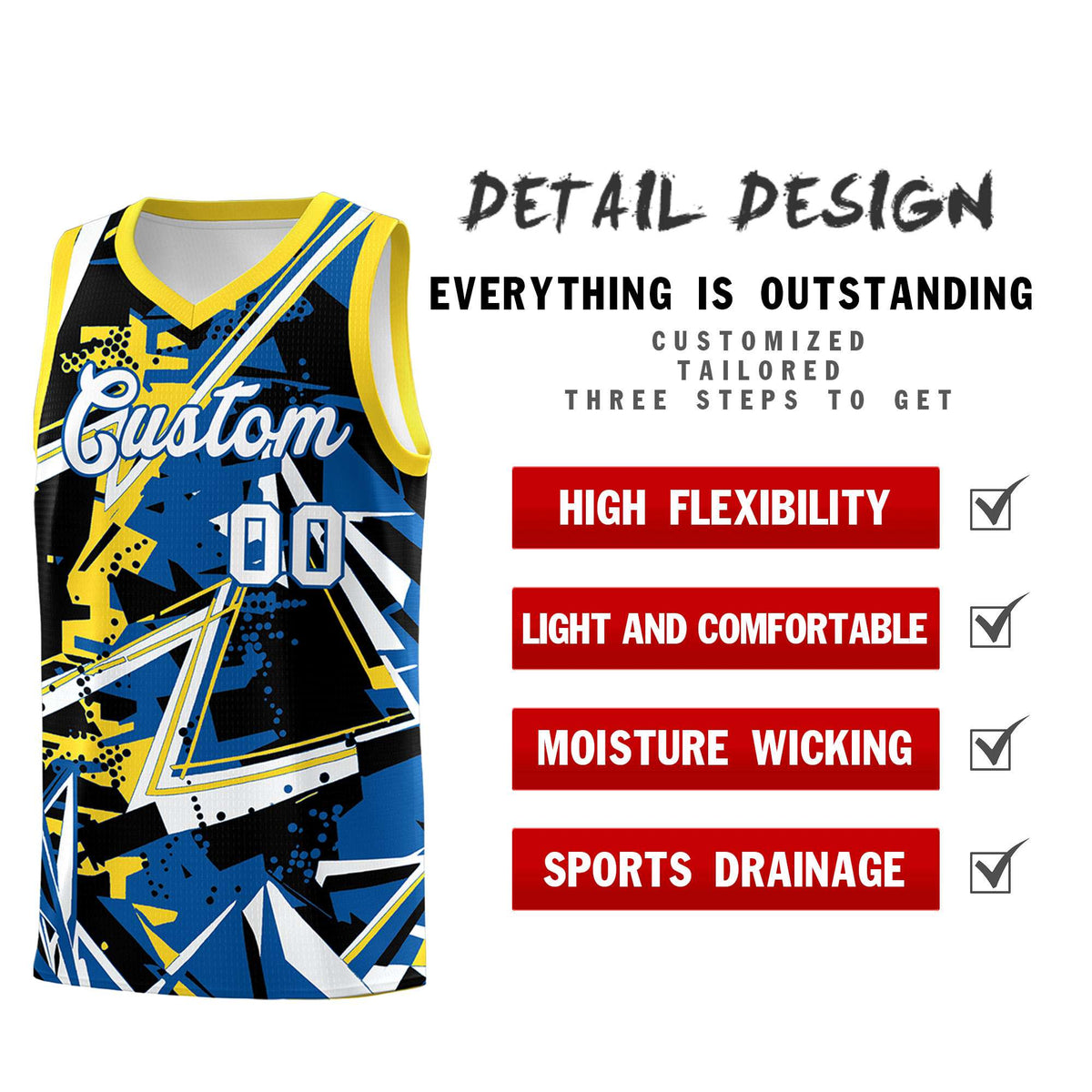 Custom Youth Basketball Jerseys Royal Gold Abstract Graffiti Personalized Team Name &amp; Number