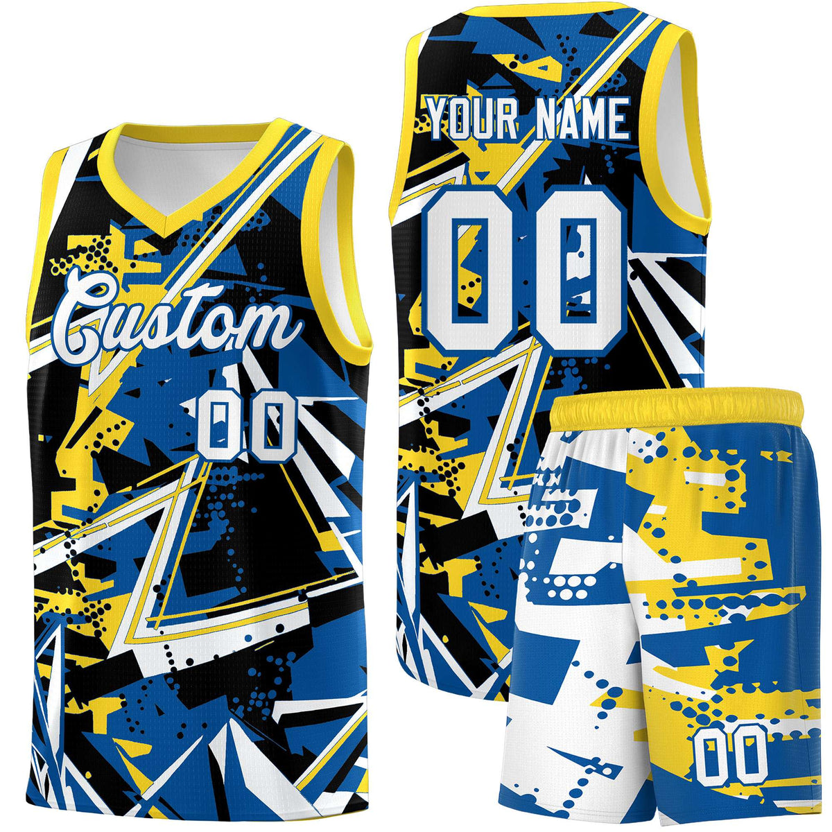 Custom Youth Basketball Jerseys Royal Gold Abstract Graffiti Personalized Team Name &amp; Number