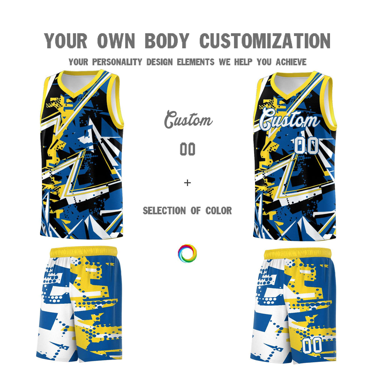 Custom Youth Basketball Jerseys Royal Gold Abstract Graffiti Personalized Team Name &amp; Number