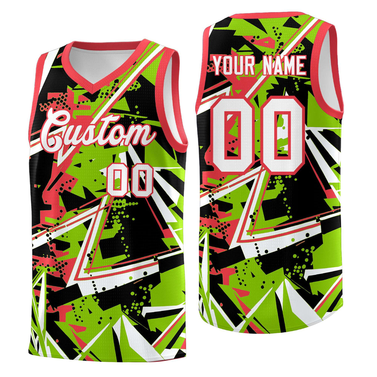 Custom Youth Basketball Jerseys Neon Green Light Red Abstract Graffiti Personalized Street Style Uniform