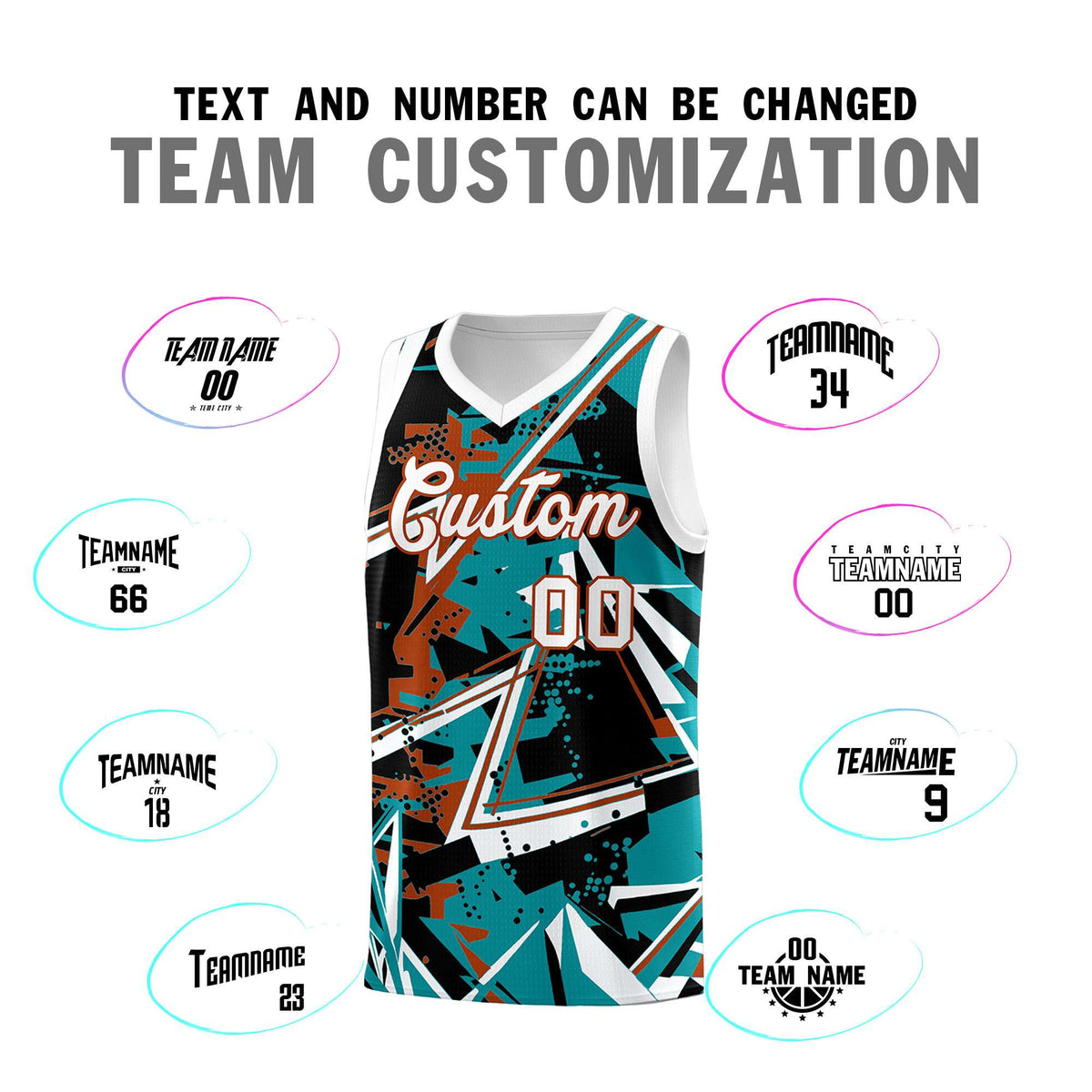 Custom Youth Basketball Jerseys Teal Dark Orange Abstract Graffiti Personalized Street Style Uniform