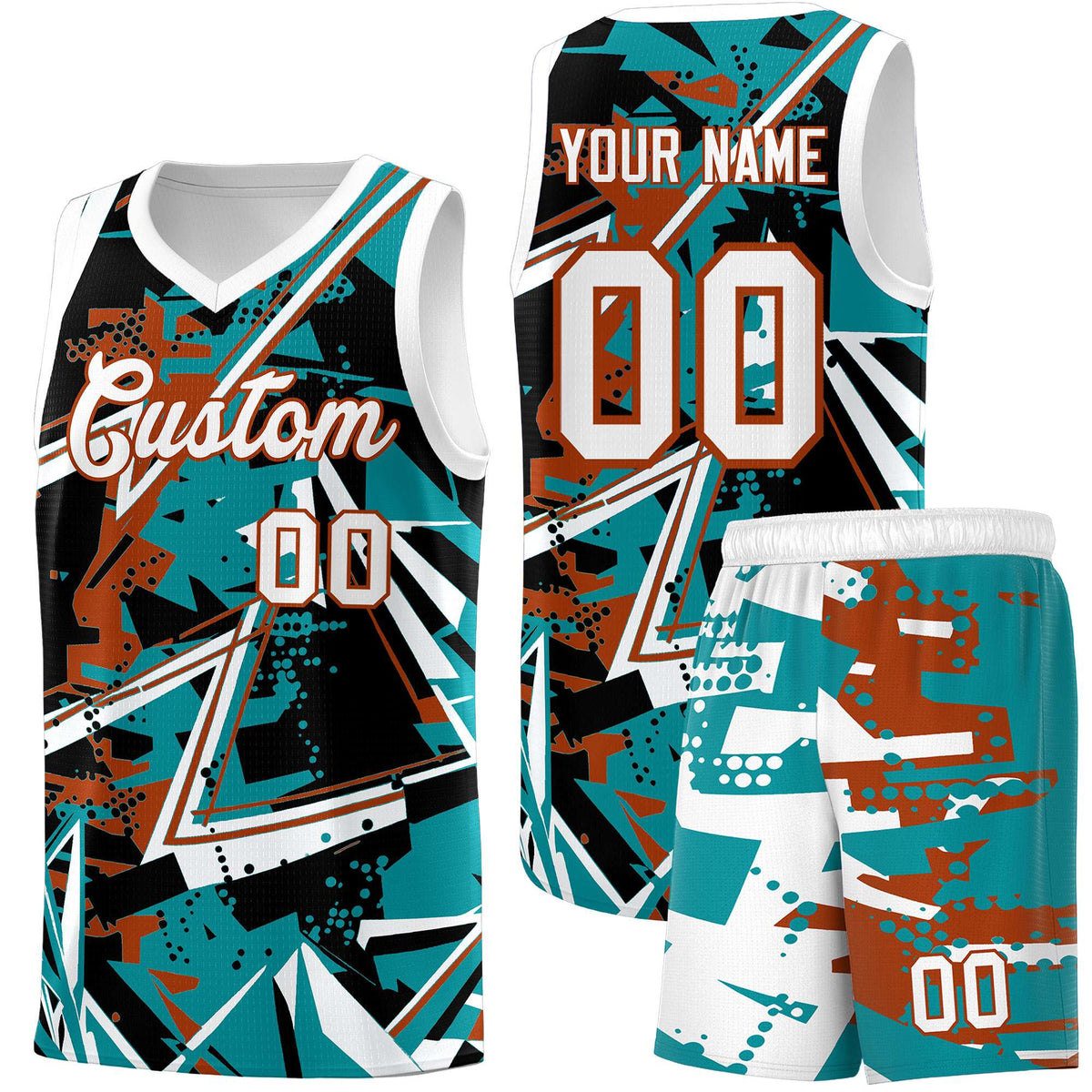 Custom Youth Basketball Jerseys Teal Dark Orange Abstract Graffiti Personalized Street Style Uniform