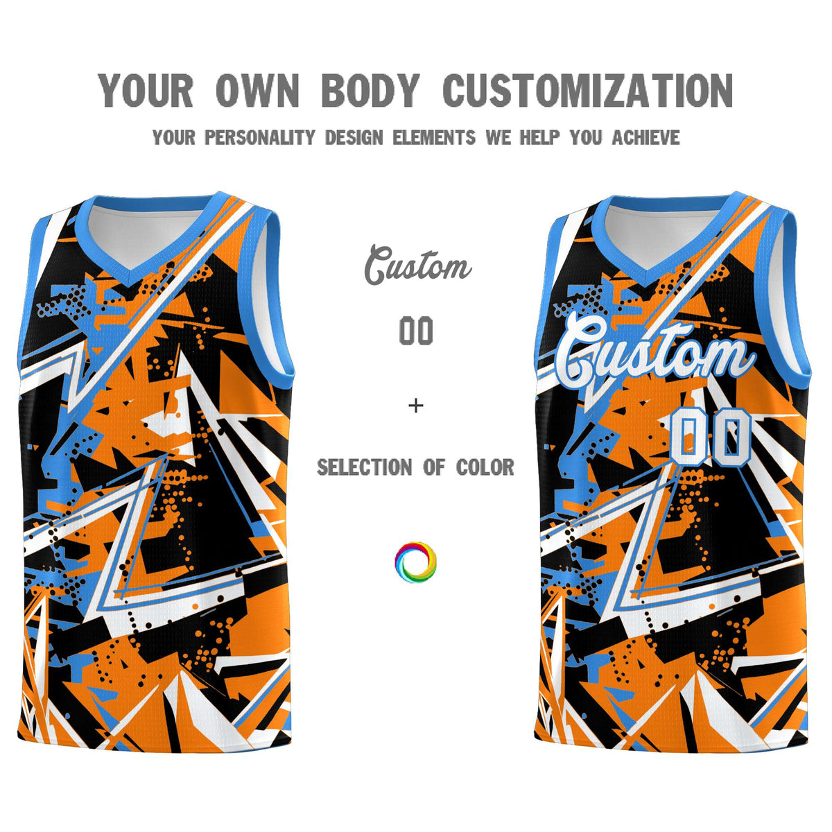 Custom Youth Basketball Jerseys Orange Light Blue Abstract Graffiti Personalized Street Style Uniform
