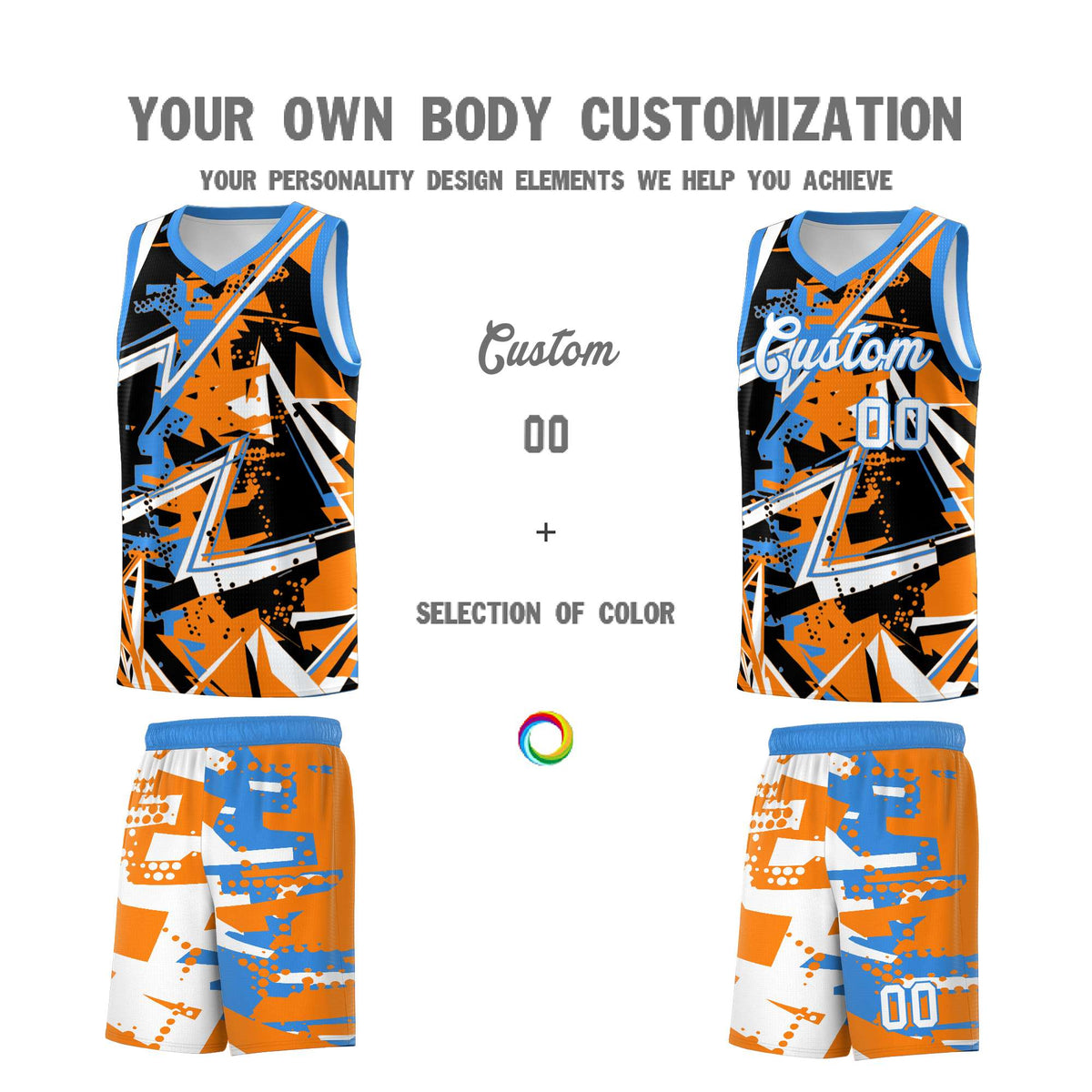 Custom Youth Basketball Jerseys Orange Light Blue Abstract Graffiti Personalized Street Style Uniform